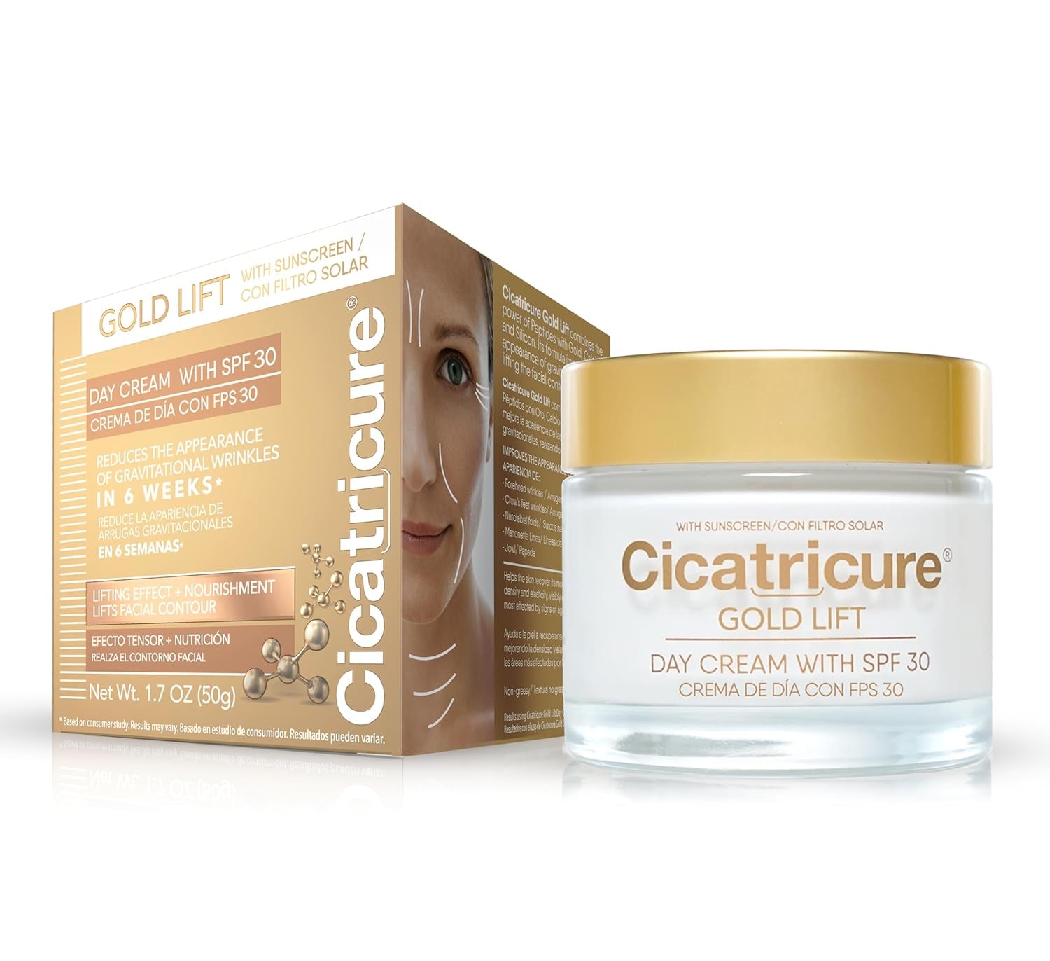 Gold Lift Day Cream, anti Aging Face Moisturizer with SPF 30, Hydrating Skin Care with Gold, Calcium & Silicon to Lift and Tighten Face Contour 1.7 Ounce