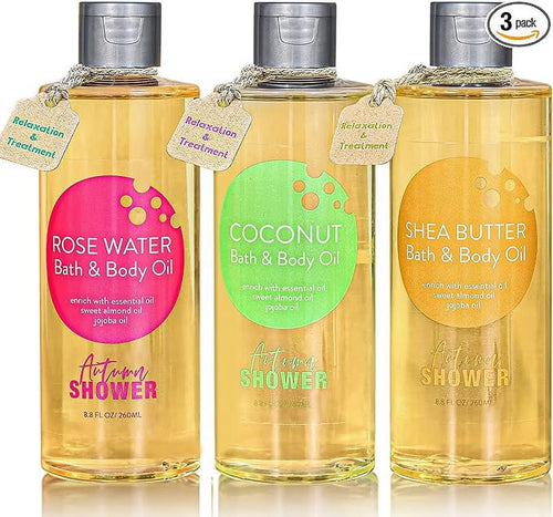 Bath and Body Oil with Sweet Almond Jojoba, Shea Butter, Rose Water, Coconut Bath Oils Gift for Women, Multiuse Oil for Hair Dry Skin 26.4 Fl Oz (Pack of 3)