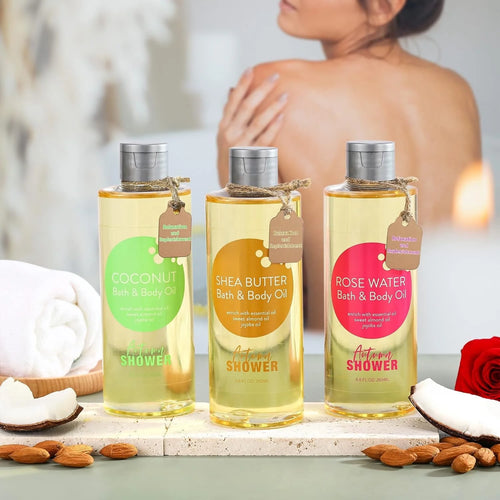 Bath and Body Oil with Sweet Almond Jojoba, Shea Butter, Rose Water, Coconut Bath Oils Gift for Women, Multiuse Oil for Hair Dry Skin 26.4 Fl Oz (Pack of 3)
