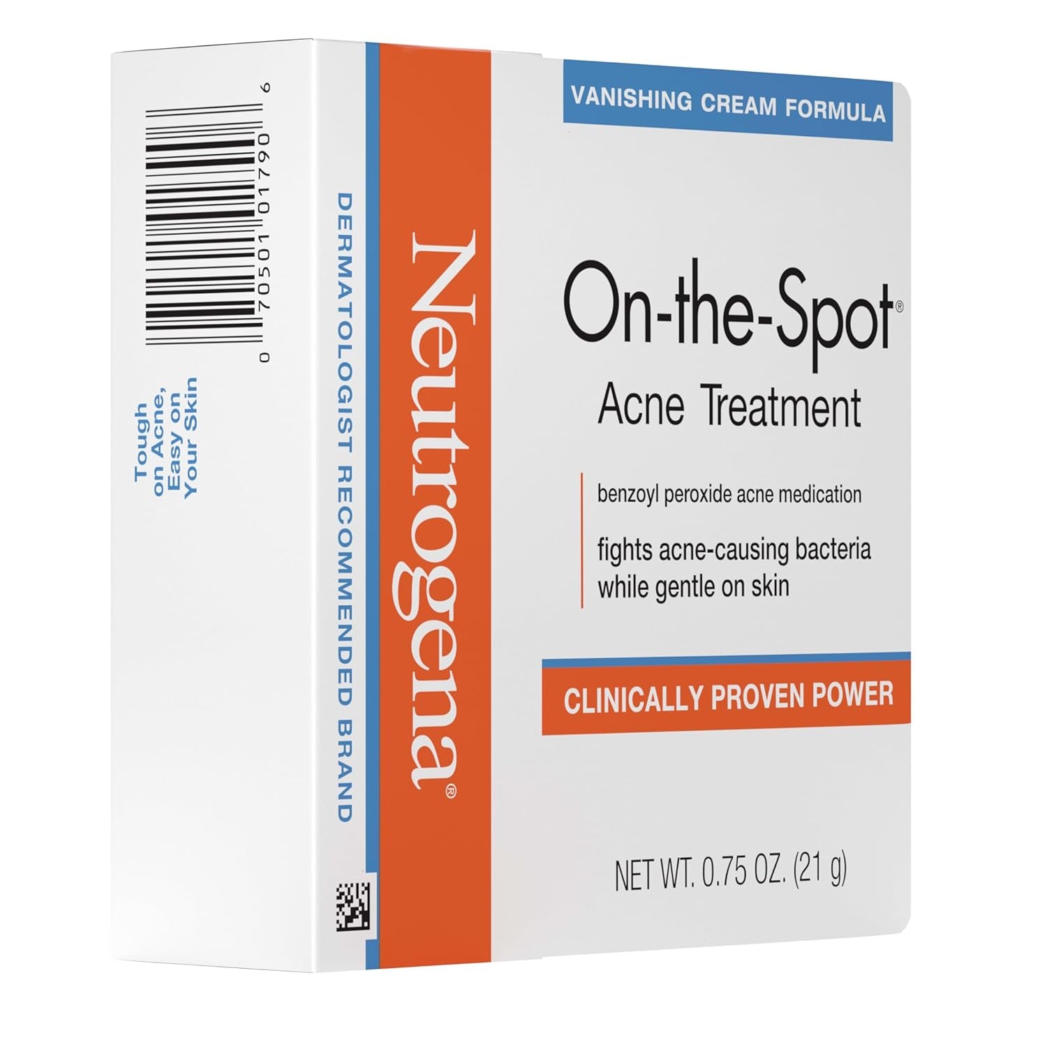 Neutrogena On-The-Spot Acne Spot Treatment Cream with 2.5% Benzoyl Peroxide, Gentle Face Blemish Medicine for Acne-Prone Skin, Vanishing Formula, Clinically Proven Day-1 Results, 0.75-Ounce Tube